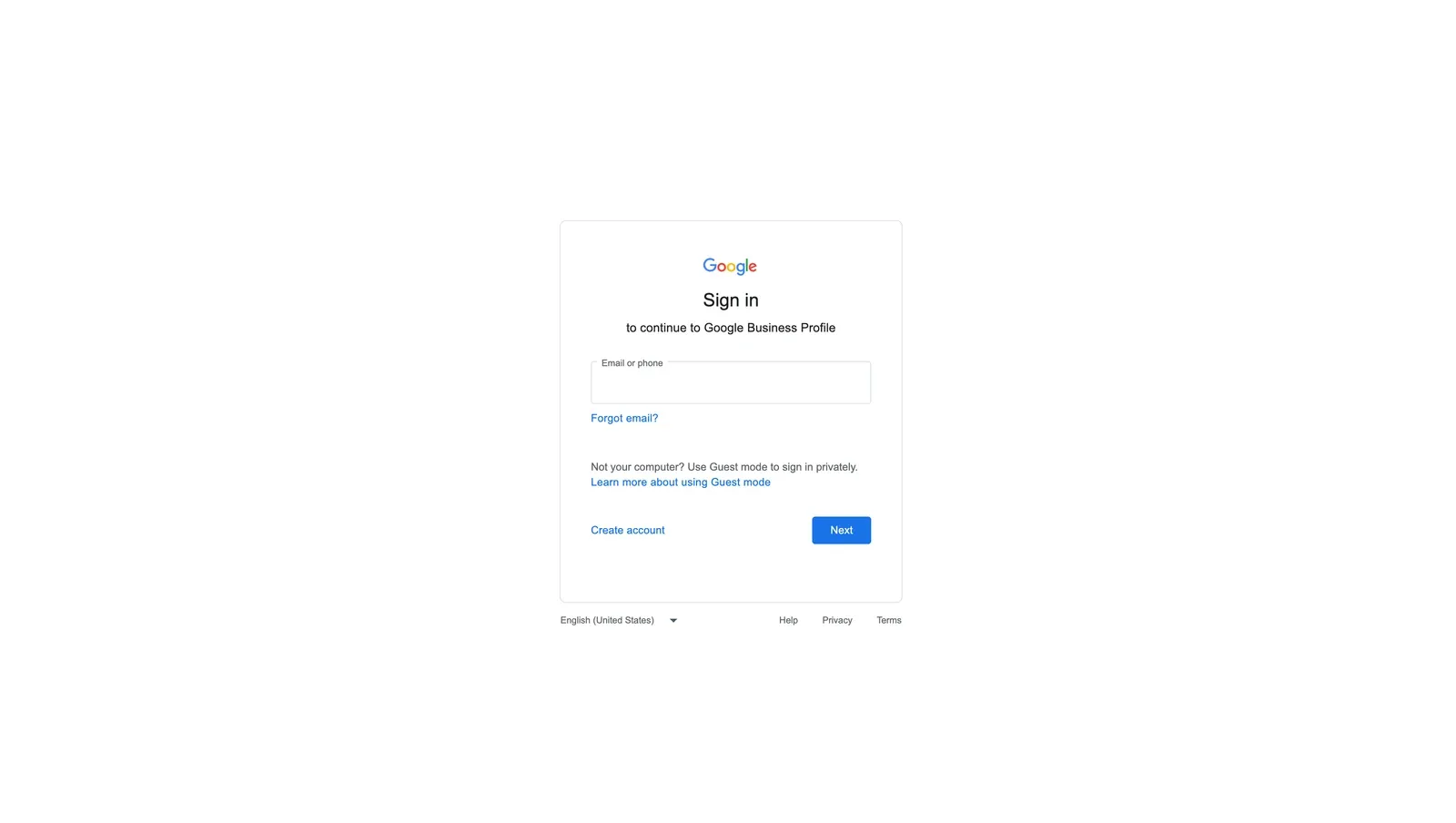Ecranul de autentificare pentru crearea unui Profil al Companiei Google