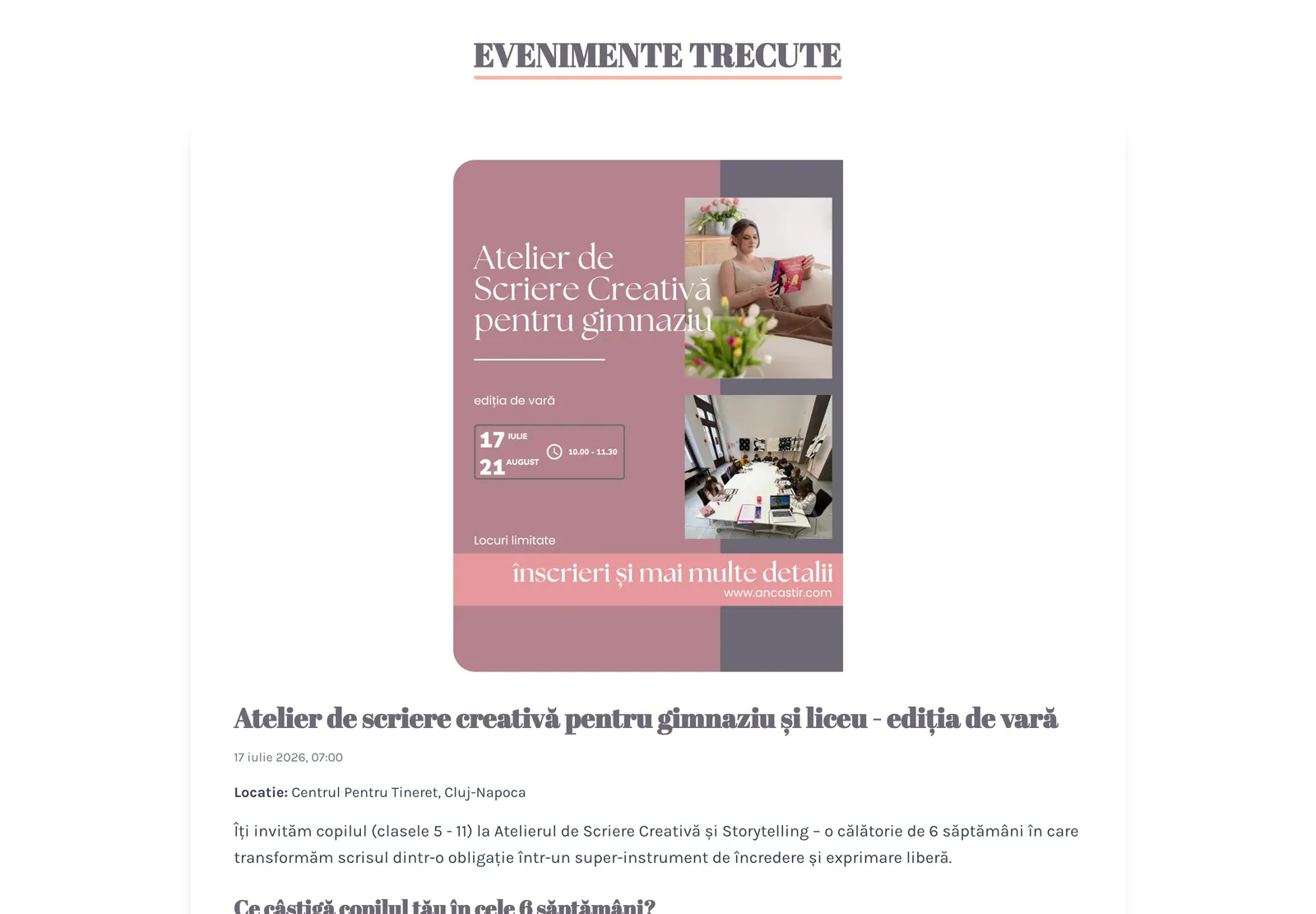 Secțiunea Evenimente trecute de pe ancastir.com, cu afișul atelierului de scriere creativă pentru gimnaziu