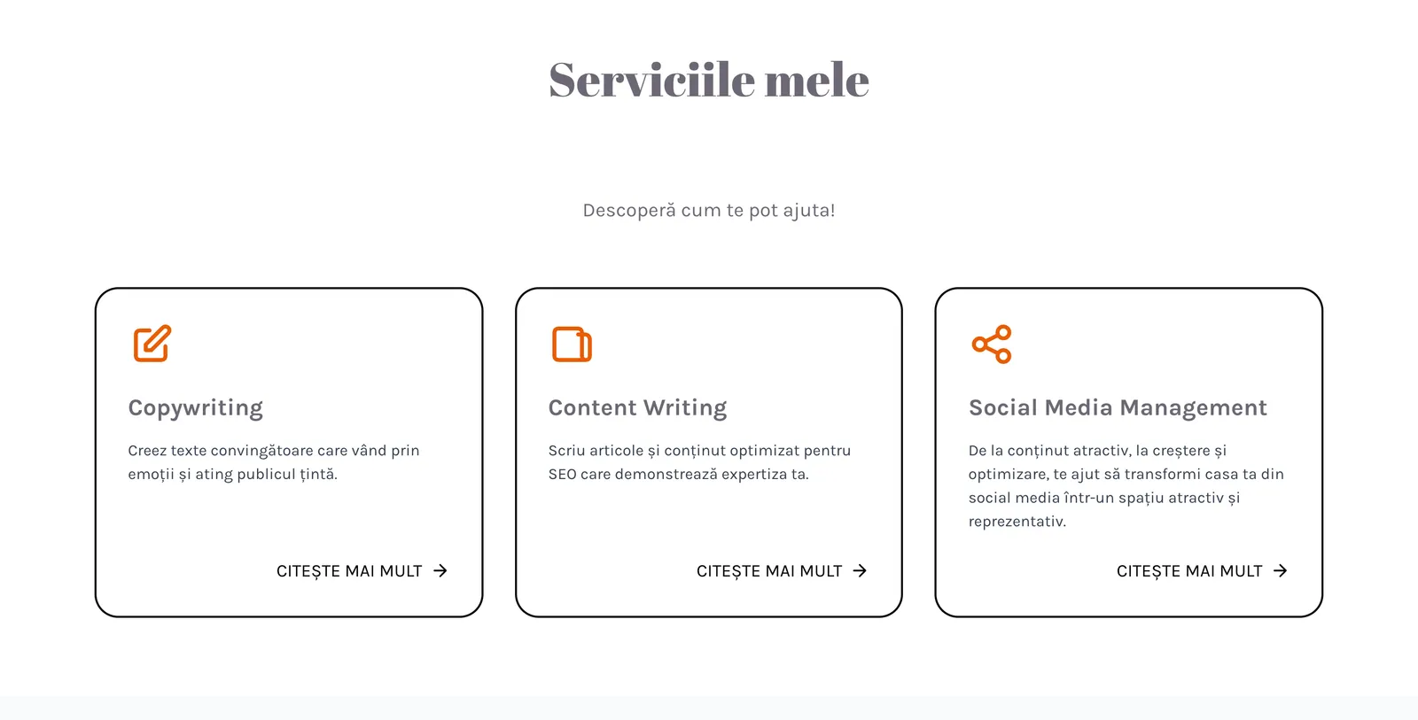 Secțiunea Serviciile mele de pe ancastir.com, cu trei carduri: Copywriting, Content Writing și Social Media Management