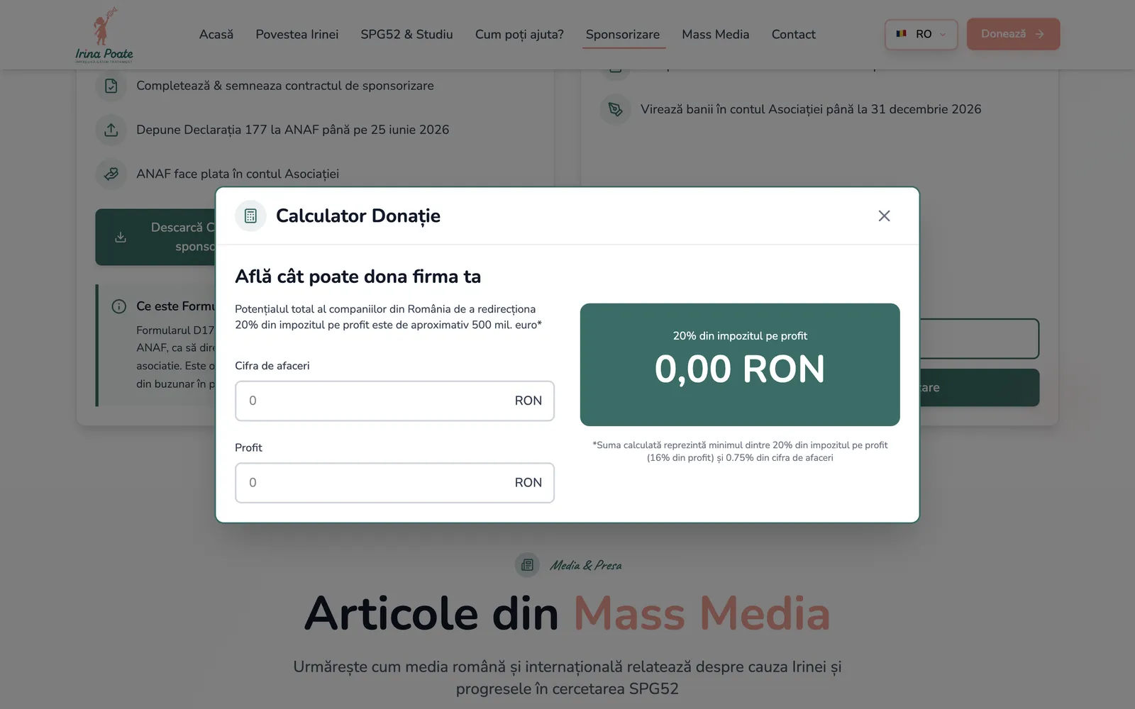Fereastra Calculator Donație, cu câmpurile Cifra de afaceri și Profit și rezultatul în lei