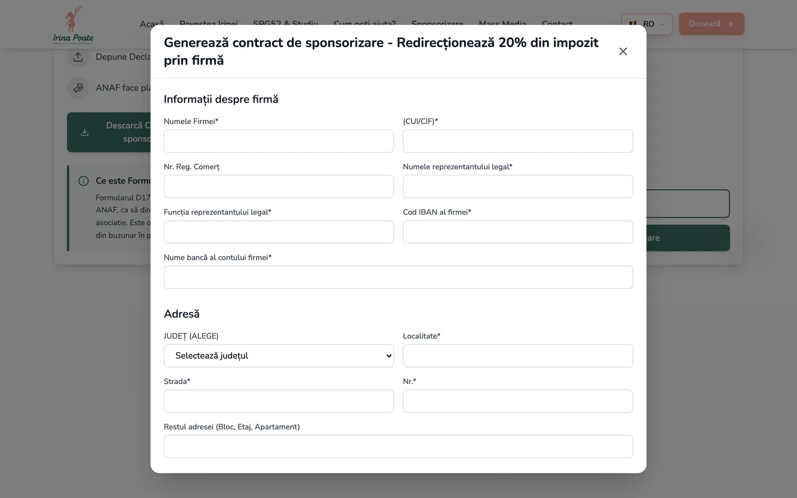 Fereastra Generează contract de sponsorizare, cu câmpurile pentru datele firmei și adresă
