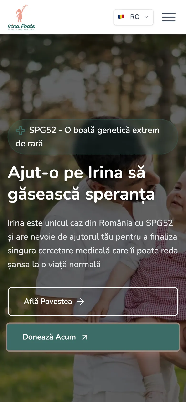 Începutul paginii asociatiairinapoate.ro pe telefon, cu titlul Ajut-o pe Irina să găsească speranța și butoanele Află Povestea și Donează Acum