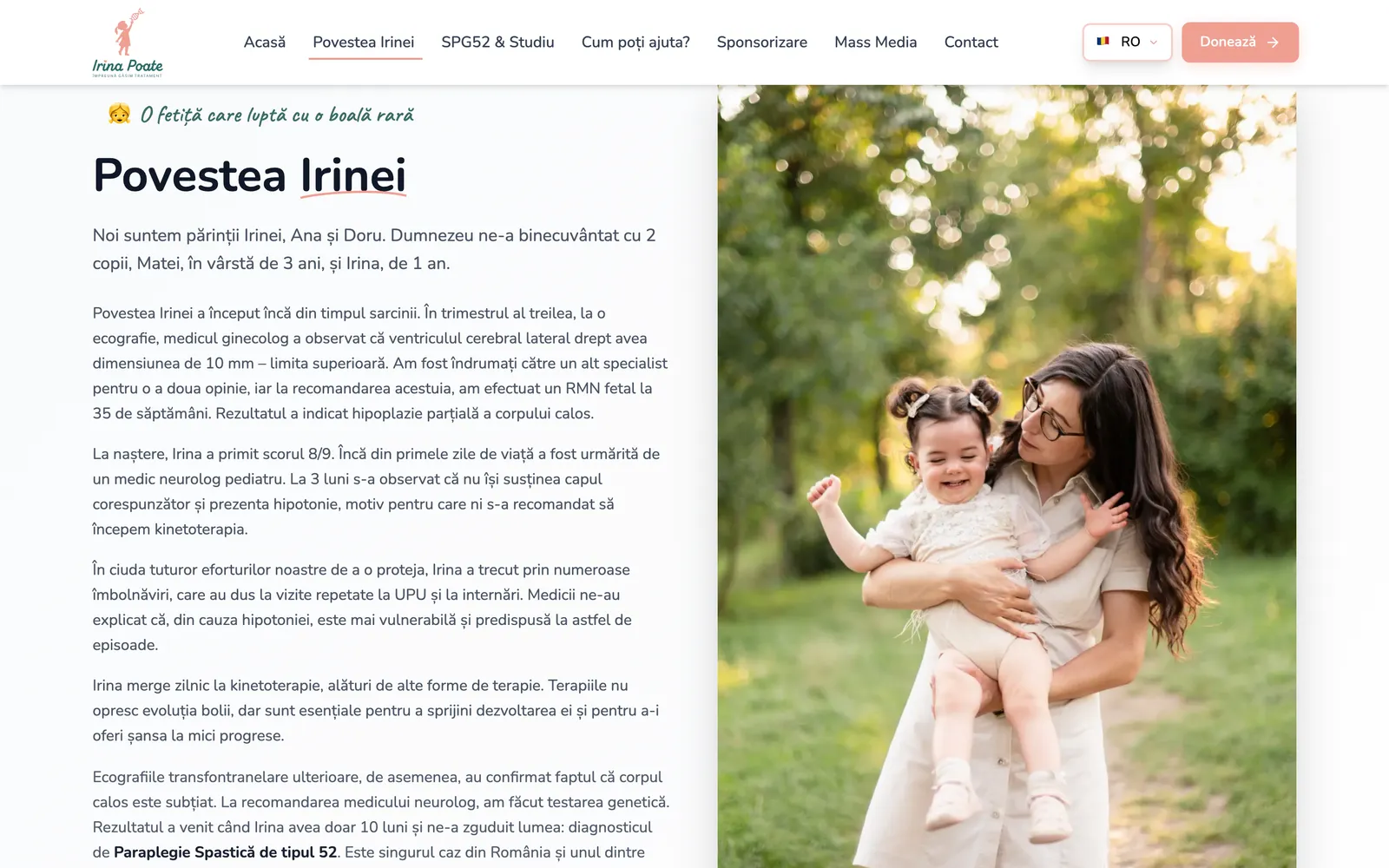 Secțiunea Povestea Irinei de pe asociatiairinapoate.ro, cu textul scris de părinți și o fotografie cu Irina și mama ei