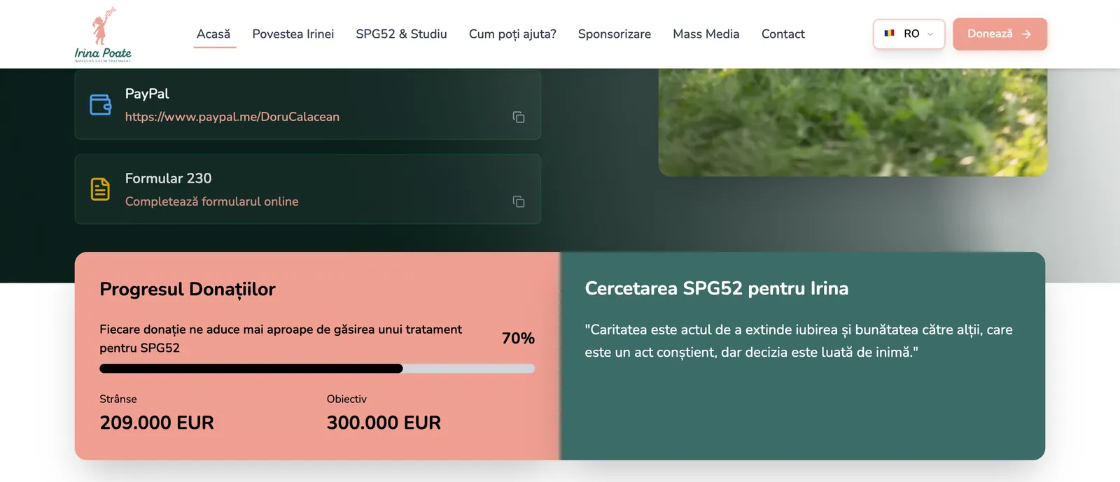 Cardul Progresul Donațiilor, cu bara de progres, și cardul verde Cercetarea SPG52 pentru Irina