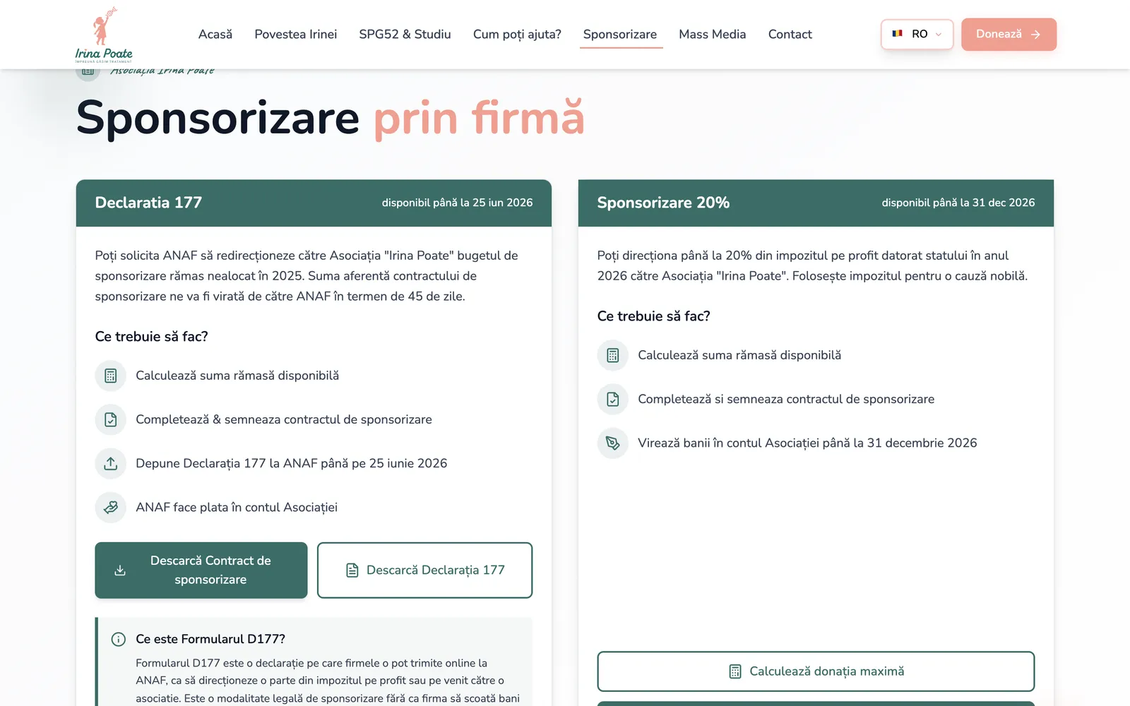 Secțiunea Sponsorizare prin firmă, cu cardurile Declarația 177 și Sponsorizare 20%