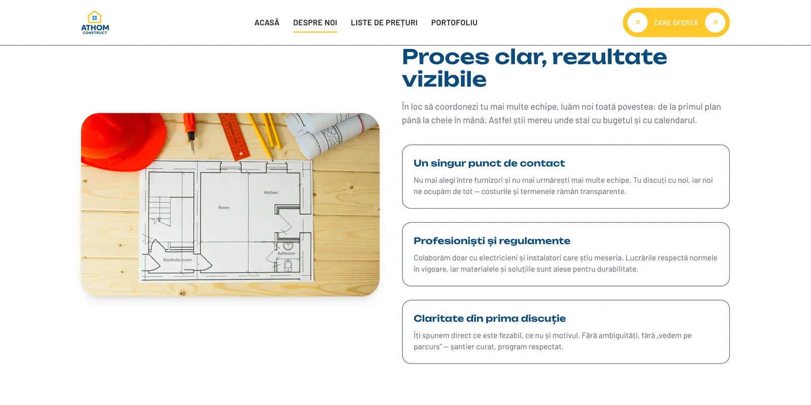 Secțiunea Proces clar, rezultate vizibile de pe pagina Despre noi, cu un plan de casă și trei casete despre modul de lucru