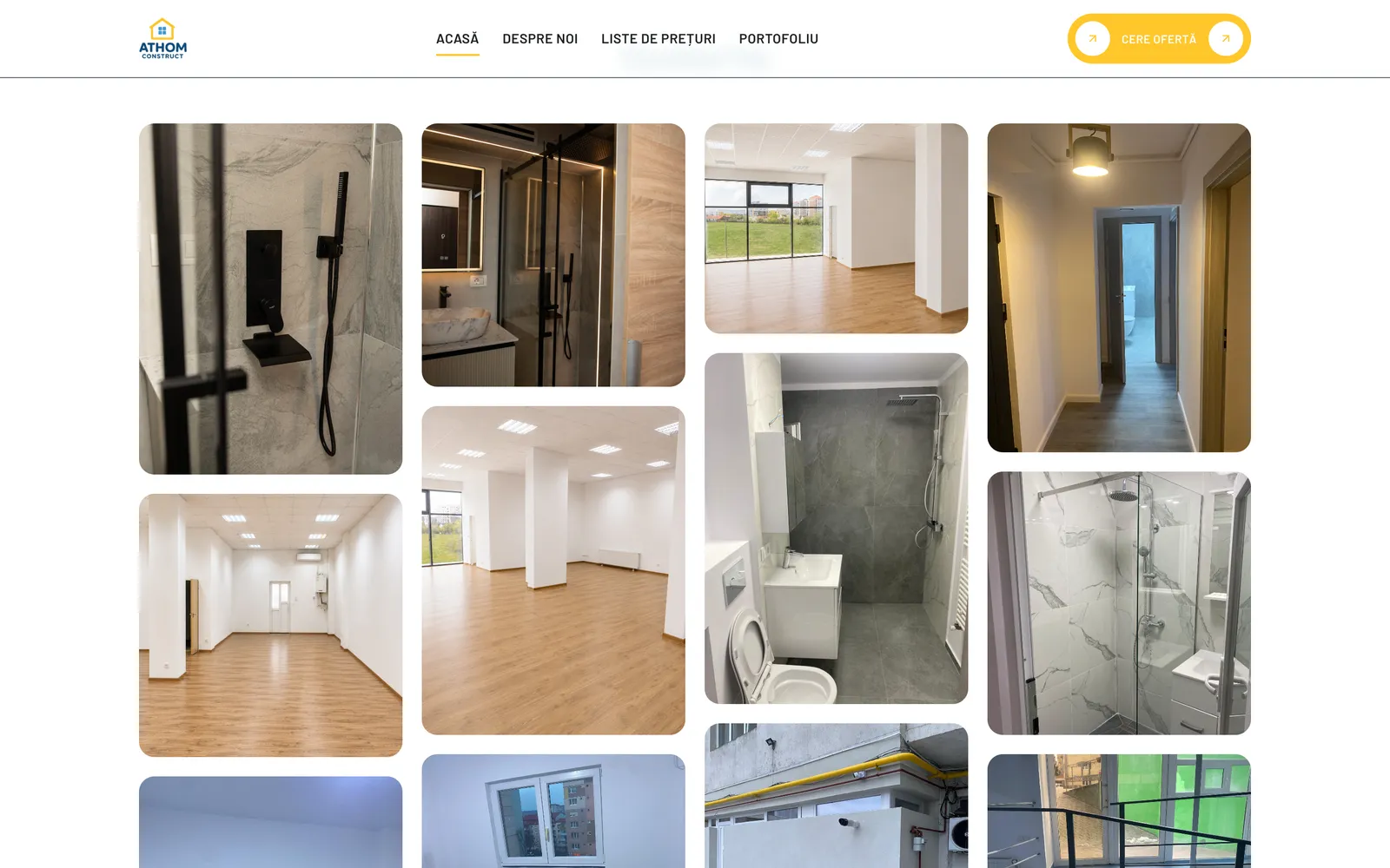 Galeria de pe pagina de start athomconstruct.ro, cu fotografii din băi, holuri și birouri renovate