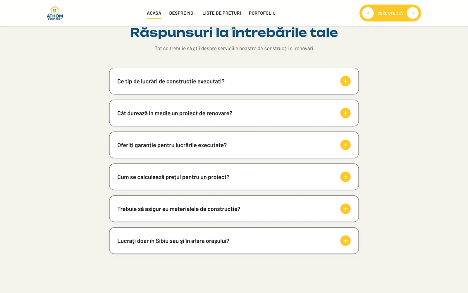 Secțiunea Răspunsuri la întrebările tale de pe pagina de start athomconstruct.ro