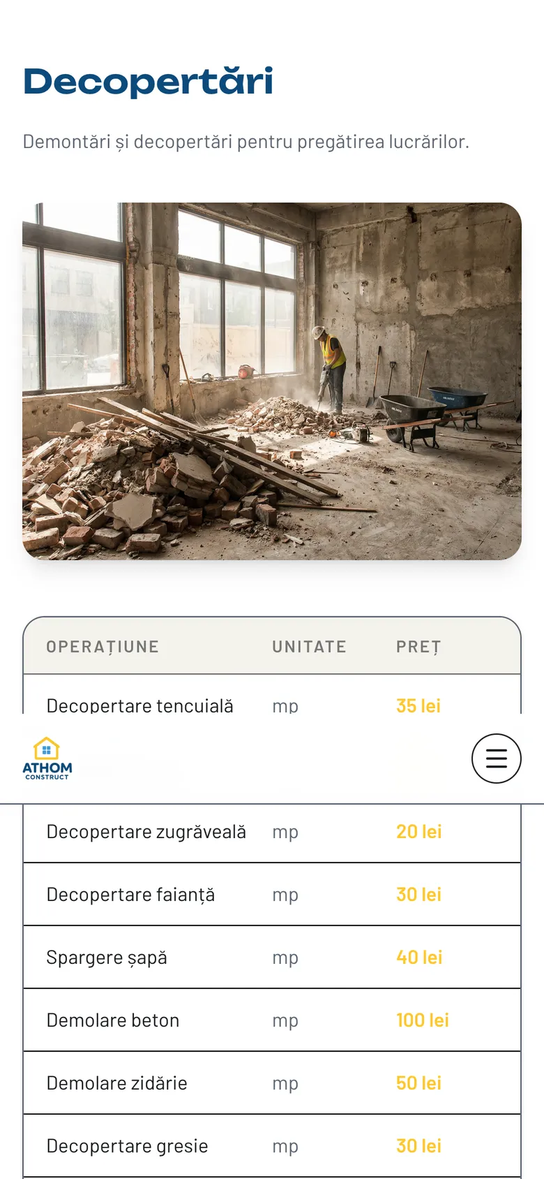Pagina Liste de prețuri pe telefon, cu tabelul de prețuri pentru decopertări