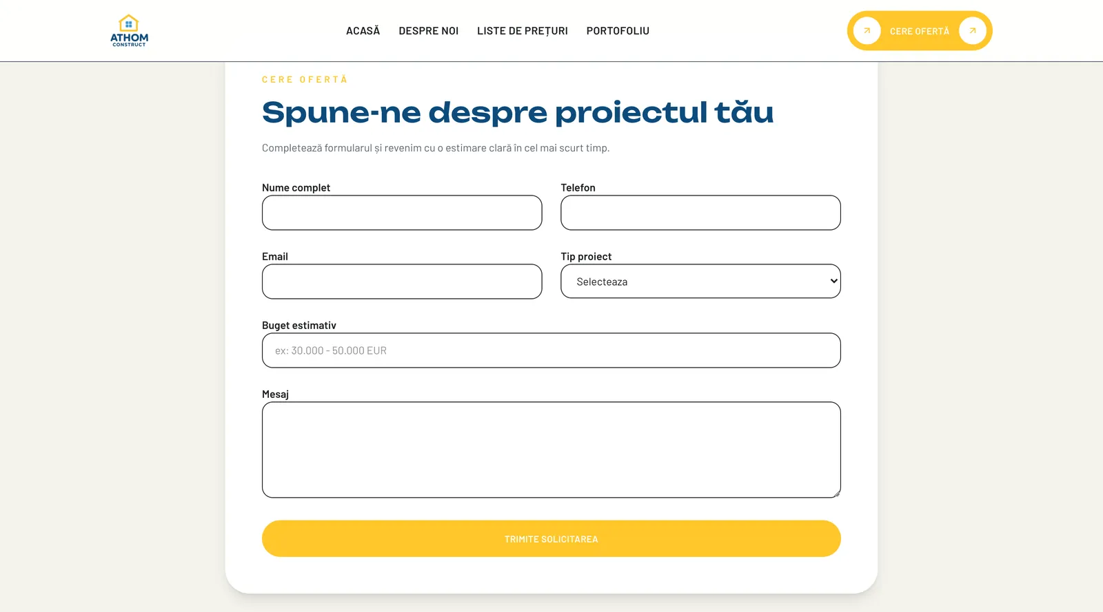 Formularul Spune-ne despre proiectul tău de pe pagina Cere ofertă, cu câmpuri pentru tipul proiectului și bugetul estimativ