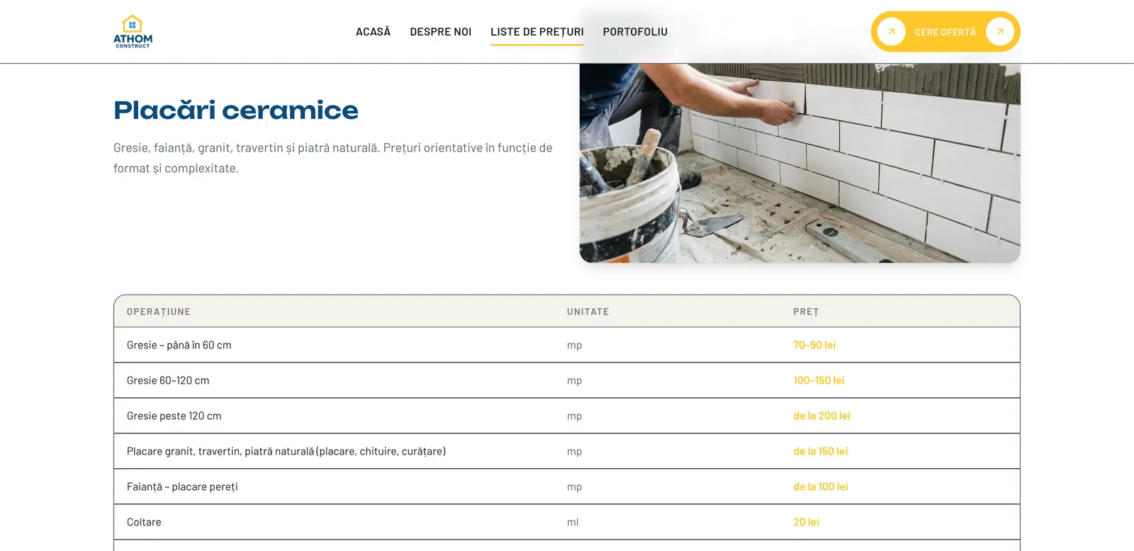 Tabelul de prețuri pentru placări ceramice, cu gresie pe formate, faianță și placare cu piatră naturală