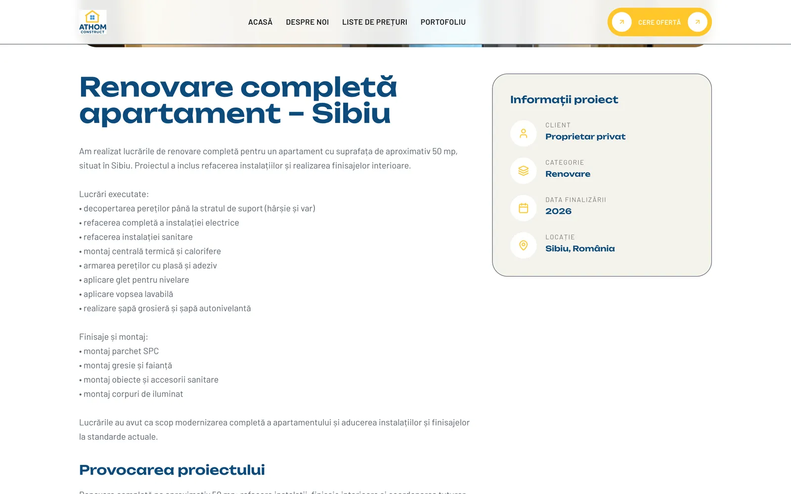 Pagina proiectului Renovare completă apartament – Sibiu, cu lista lucrărilor și caseta Informații proiect