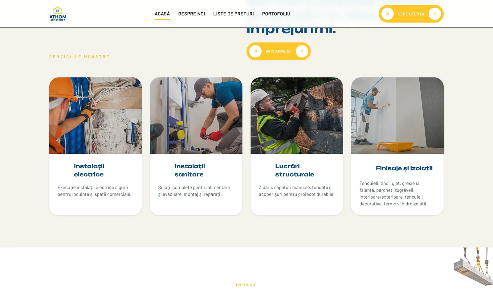 Secțiunea Servicii complete pentru amenajări în Sibiu și împrejurimi, cu patru carduri de servicii