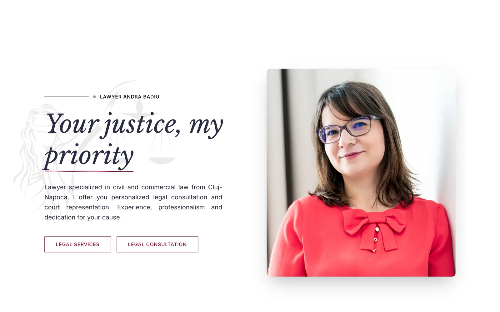 Pagina de start în engleză, cu titlul „Your justice, my priority”