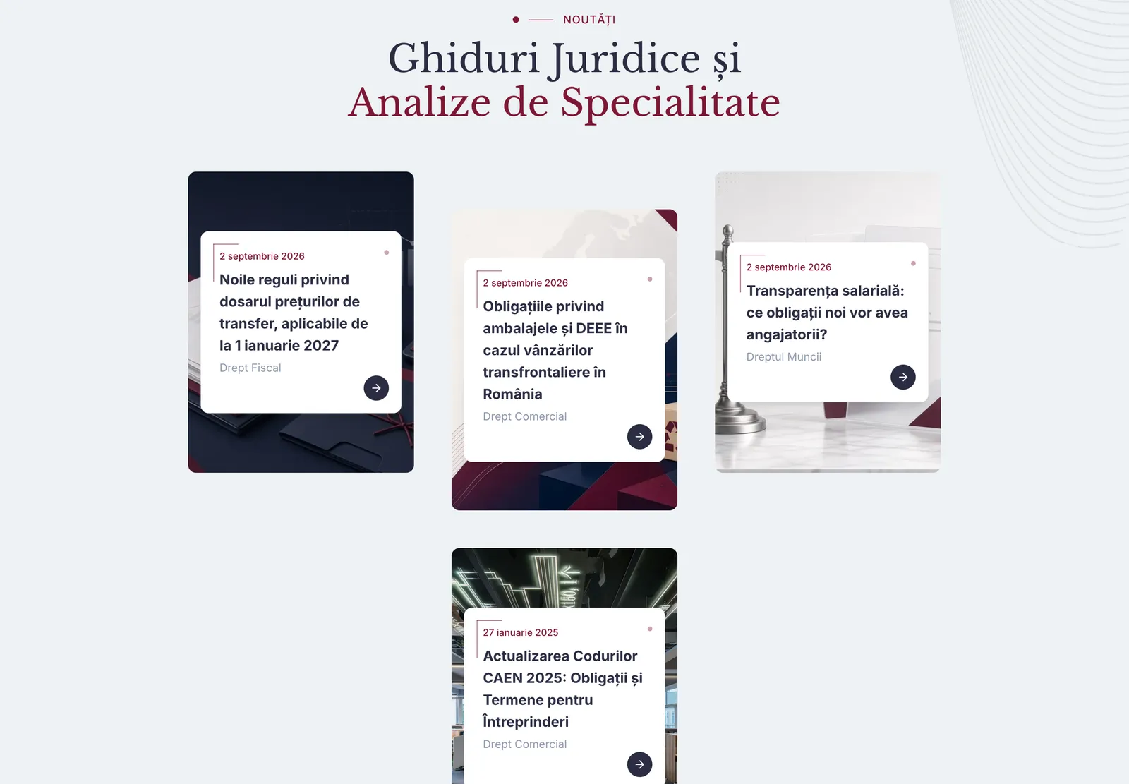 Secțiunea cu ultimele articole de pe pagina de start, cu patru carduri pe teme de drept fiscal, comercial și al muncii