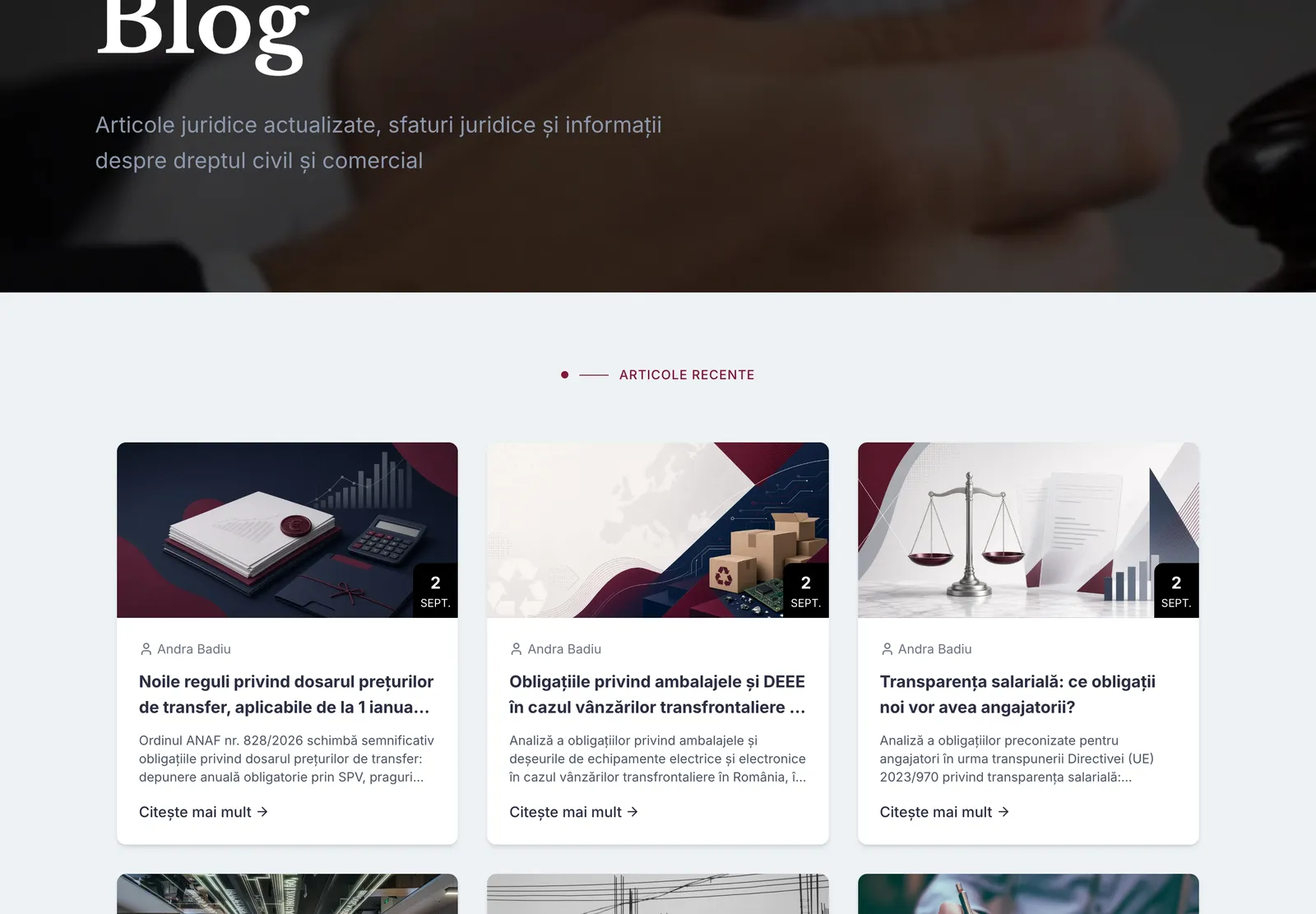 Pagina Blog, cu primele șase articole puse pe carduri