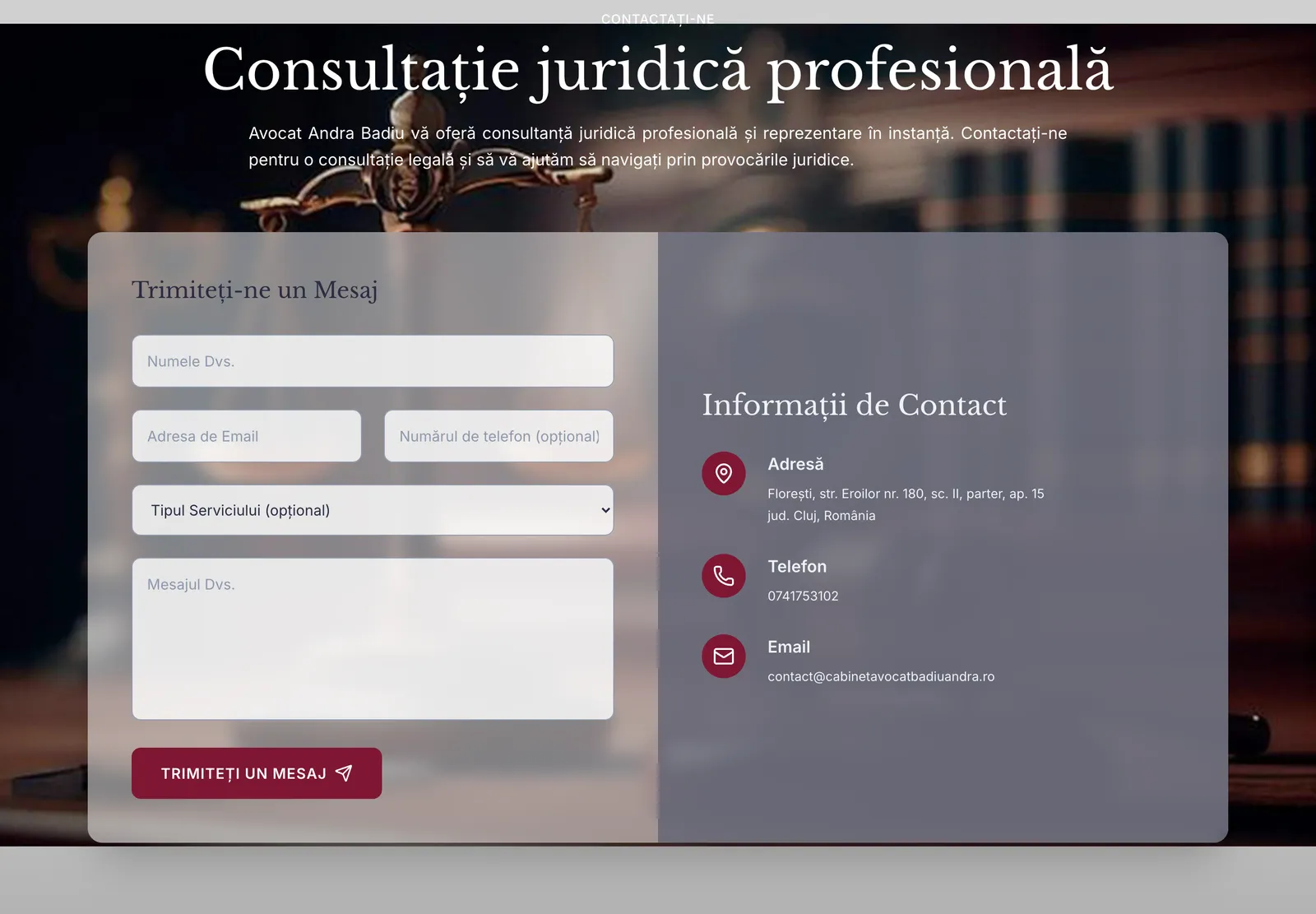 Secțiunea Consultație juridică profesională, cu formularul Trimiteți-ne un mesaj și informațiile de contact