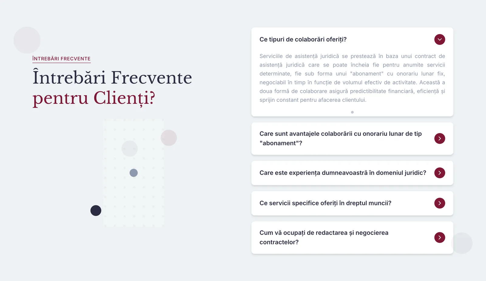 Secțiunea Întrebări frecvente pentru clienți, cu prima întrebare deschisă: Ce tipuri de colaborări oferiți?