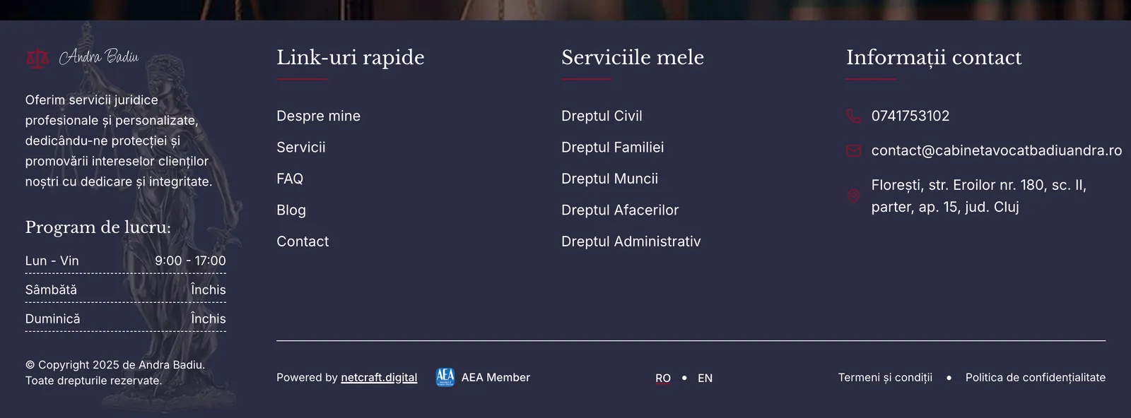 Subsolul site-ului, cu programul cabinetului, linkurile spre cele cinci domenii, datele de contact și schimbarea limbii