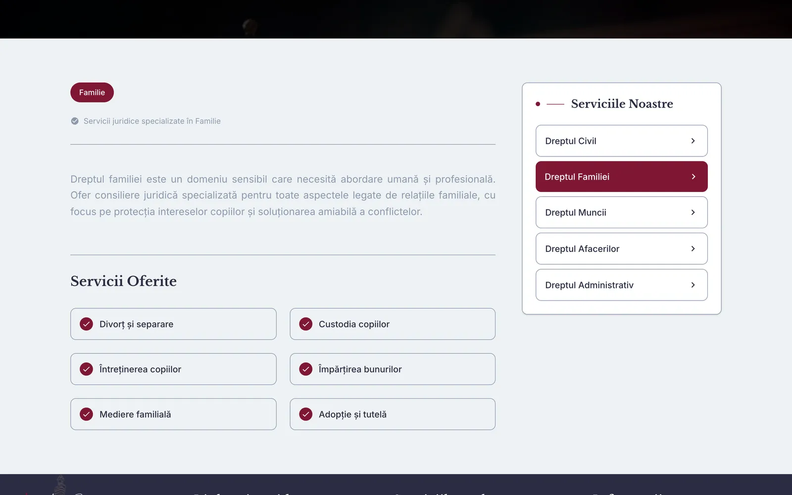 Pagina Dreptul familiei, cu lista serviciilor: divorț și separare, custodia copiilor, întreținerea copiilor, împărțirea bunurilor, mediere familială, adopție și tutelă
