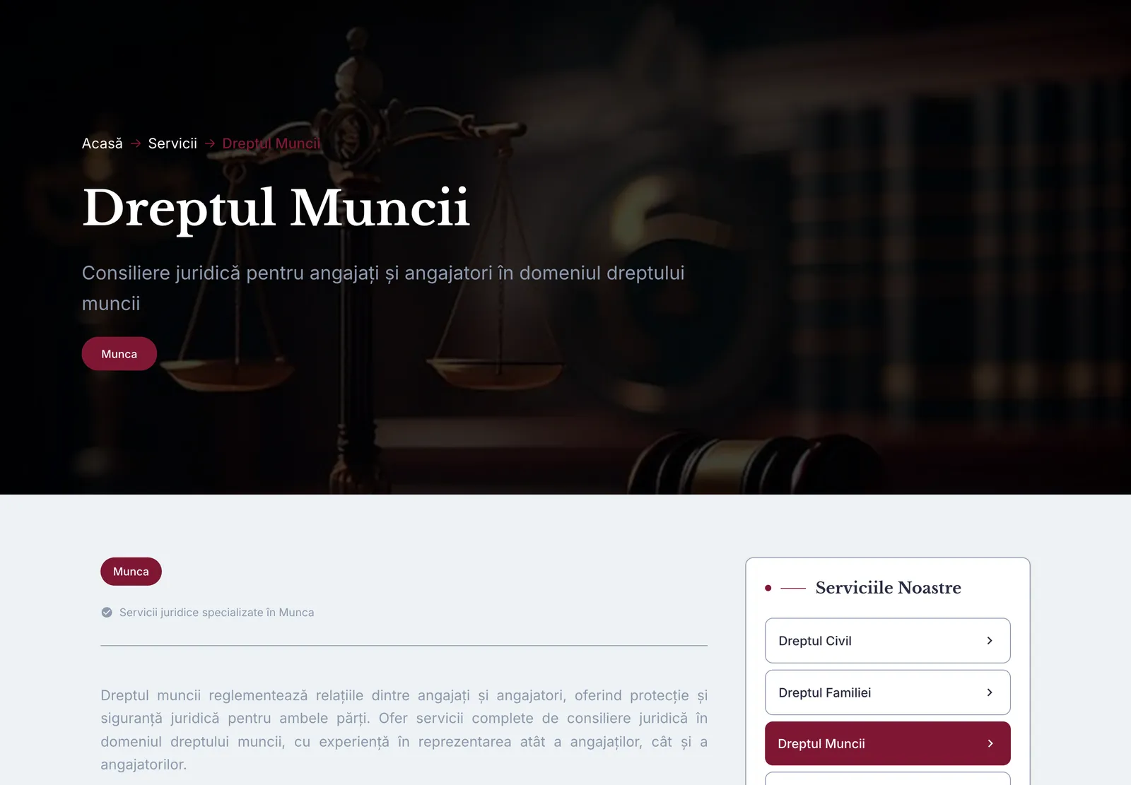 Pagina Dreptul muncii, cu titlul pe o fotografie întunecată și meniul Serviciile noastre în dreapta