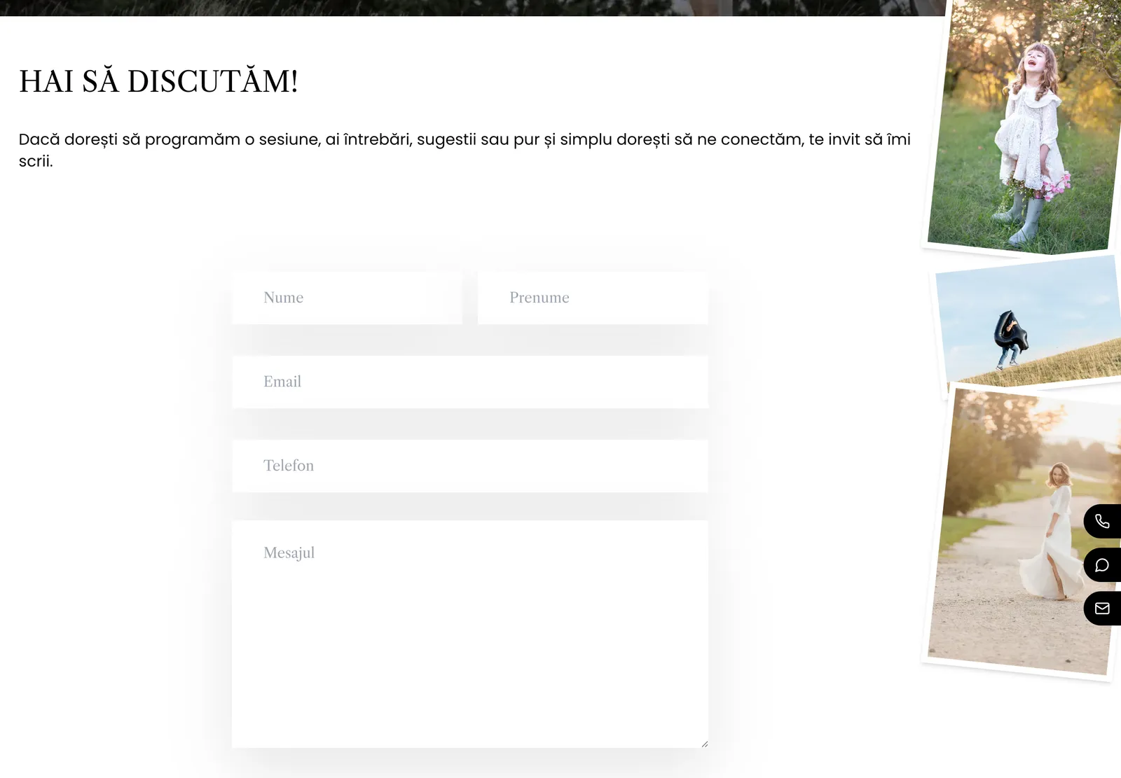 Pagina Contact de pe dianajula.ro, cu titlul „Hai să discutăm”, formularul și butoanele de apel, WhatsApp și email