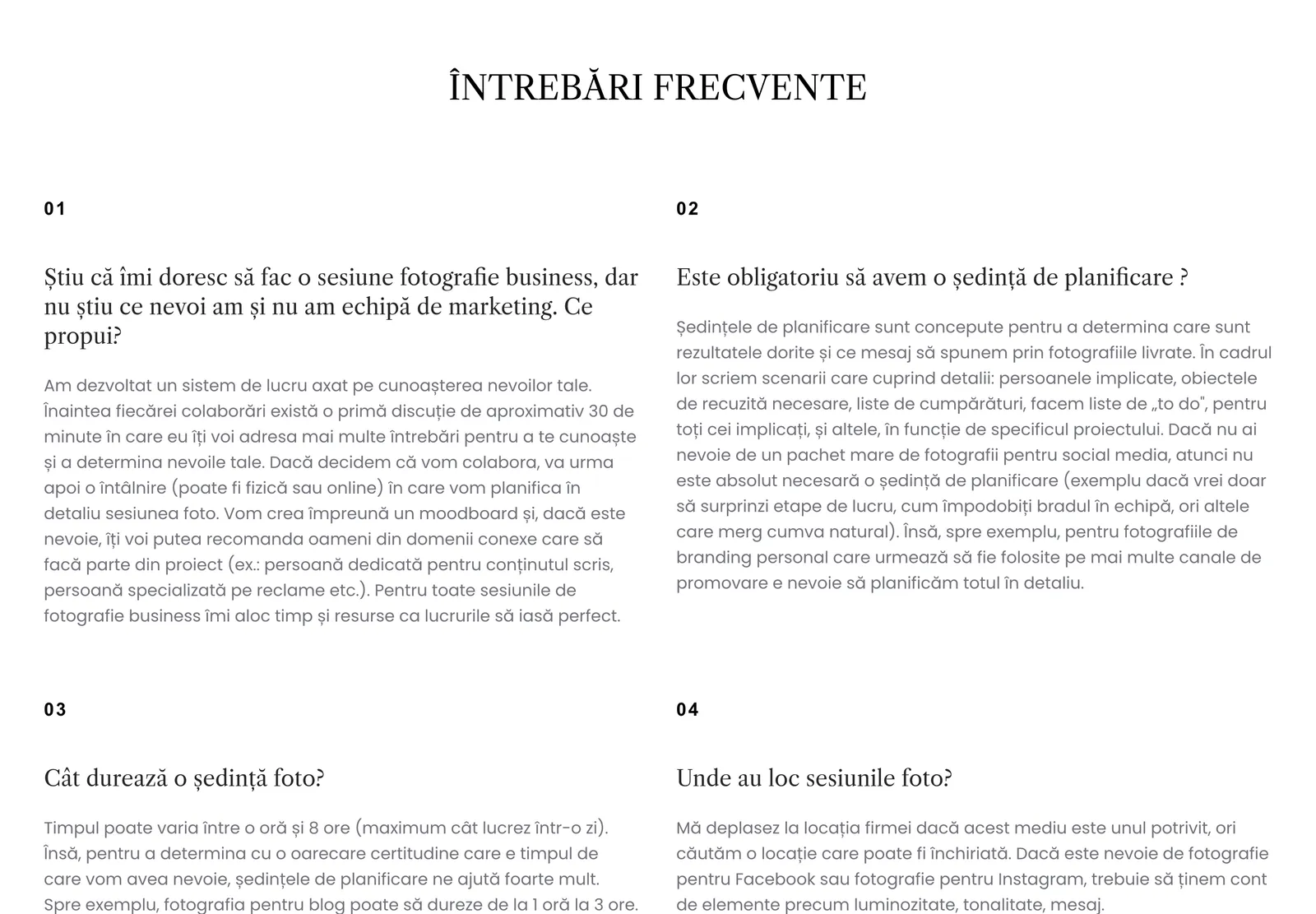 Întrebările frecvente de pe pagina de fotografie business, pe două coloane