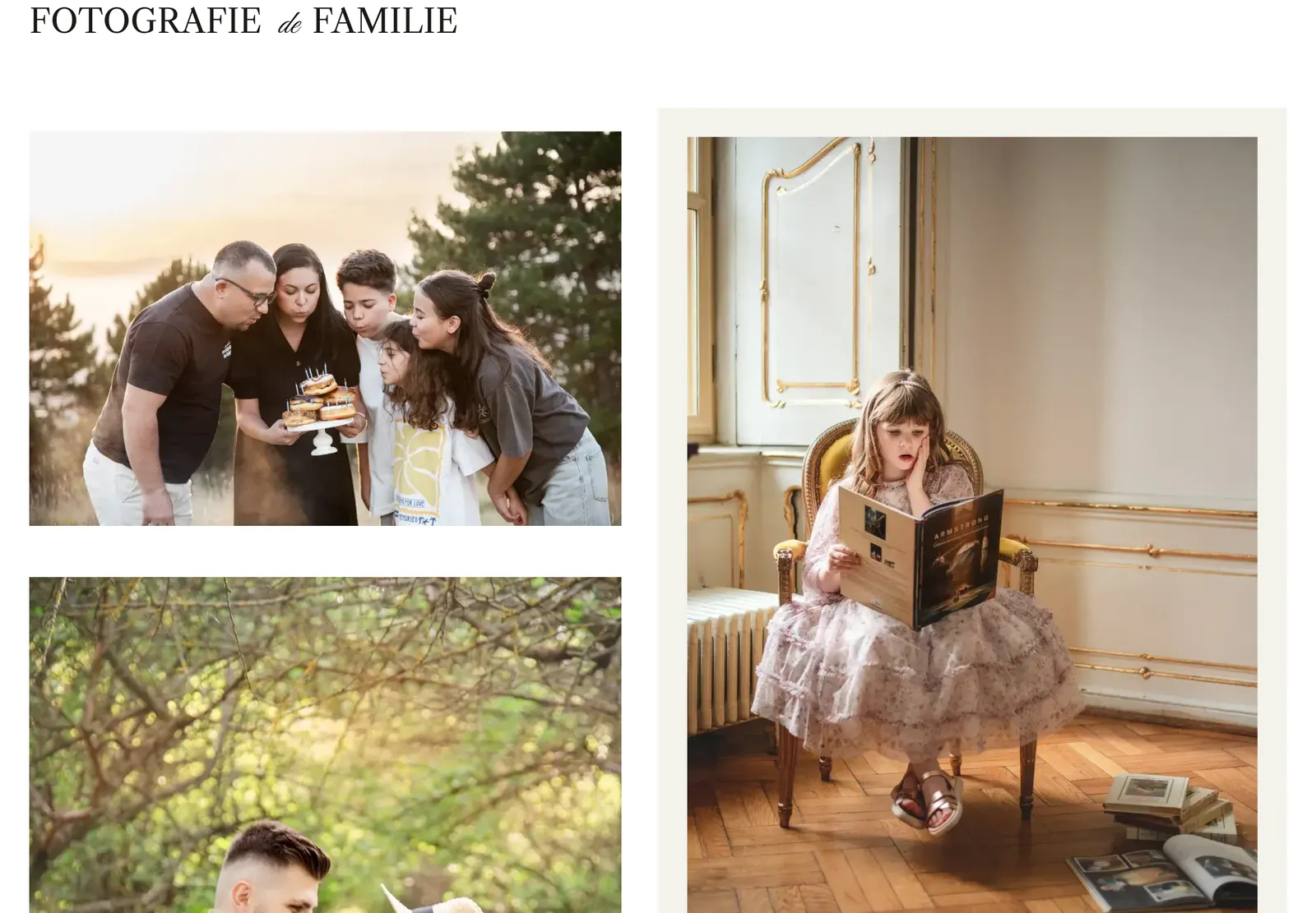 Galeria de fotografie de familie de pe pagina de start, cu o familie la un tort aniversar și o fetiță care citește