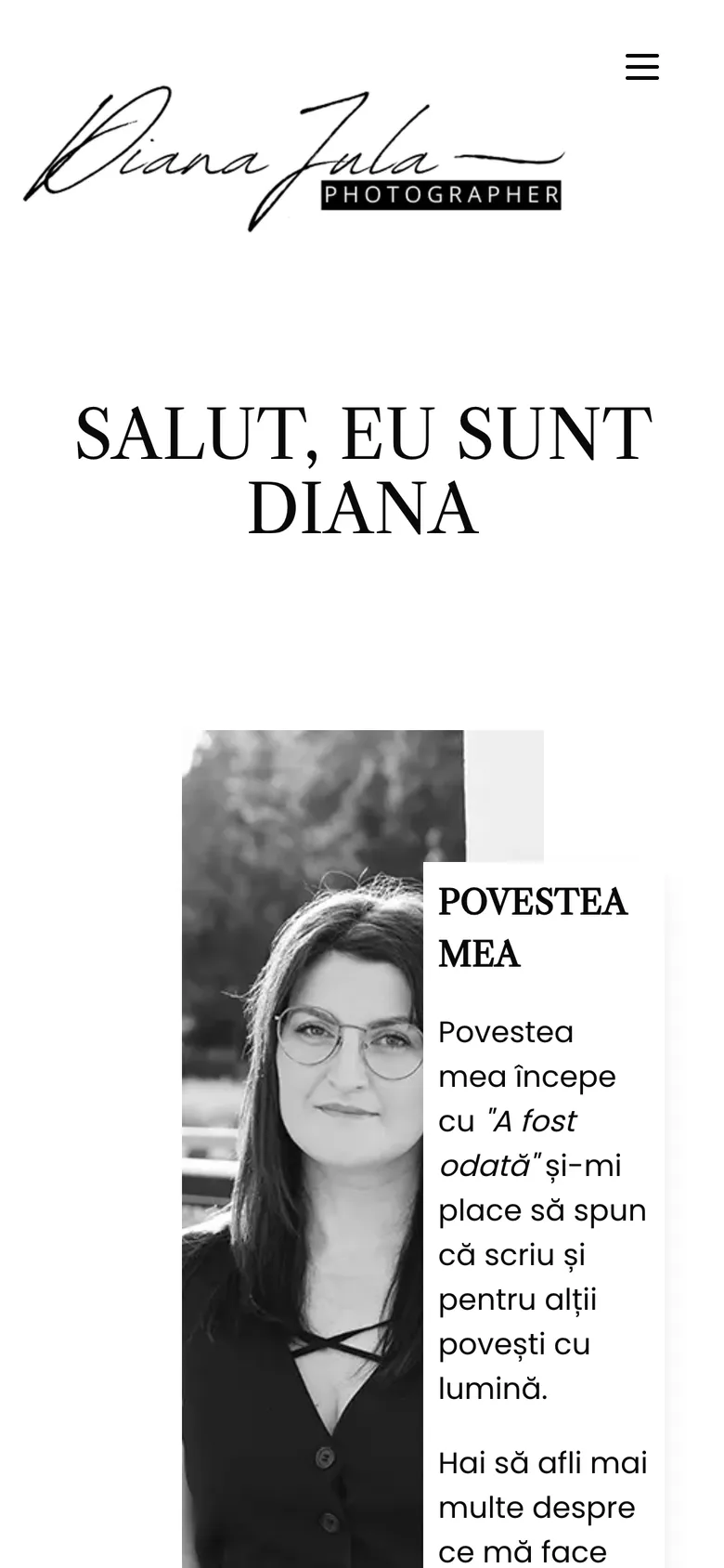 Pagina de start dianajula.ro pe telefon, cu semnătura Dianei, titlul „Salut, eu sunt Diana” și portretul ei alb-negru