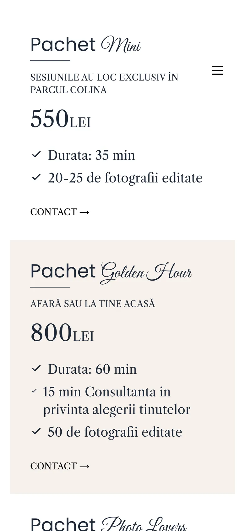 Pachetele Mini și Golden Hour pe telefon, cu prețul în lei, durata și numărul de fotografii editate
