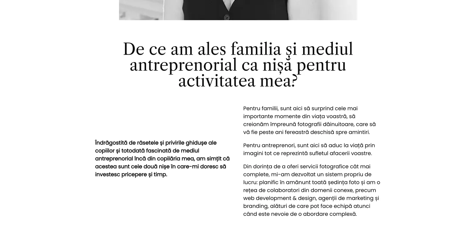 Secțiunea „De ce am ales familia și mediul antreprenorial ca nișă” de pe pagina de start dianajula.ro