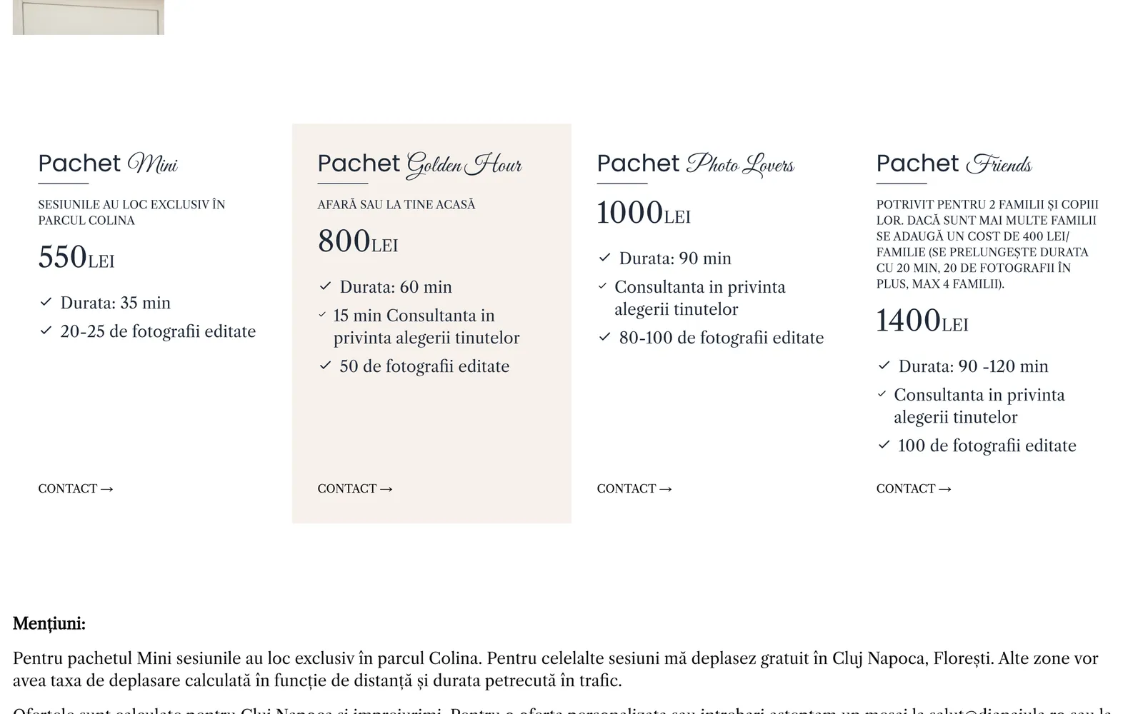 Cele patru pachete pentru sesiuni lifestyle, de la 550 la 1.400 lei, cu durata și numărul de fotografii