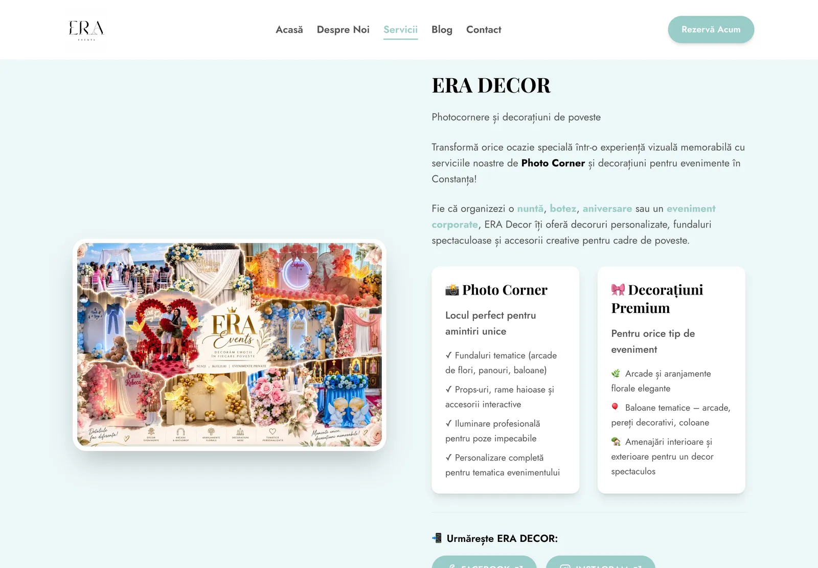 Secțiunea ERA DECOR de pe pagina Servicii, cu un colaj de decoruri și casetele Photo Corner și Decorațiuni Premium