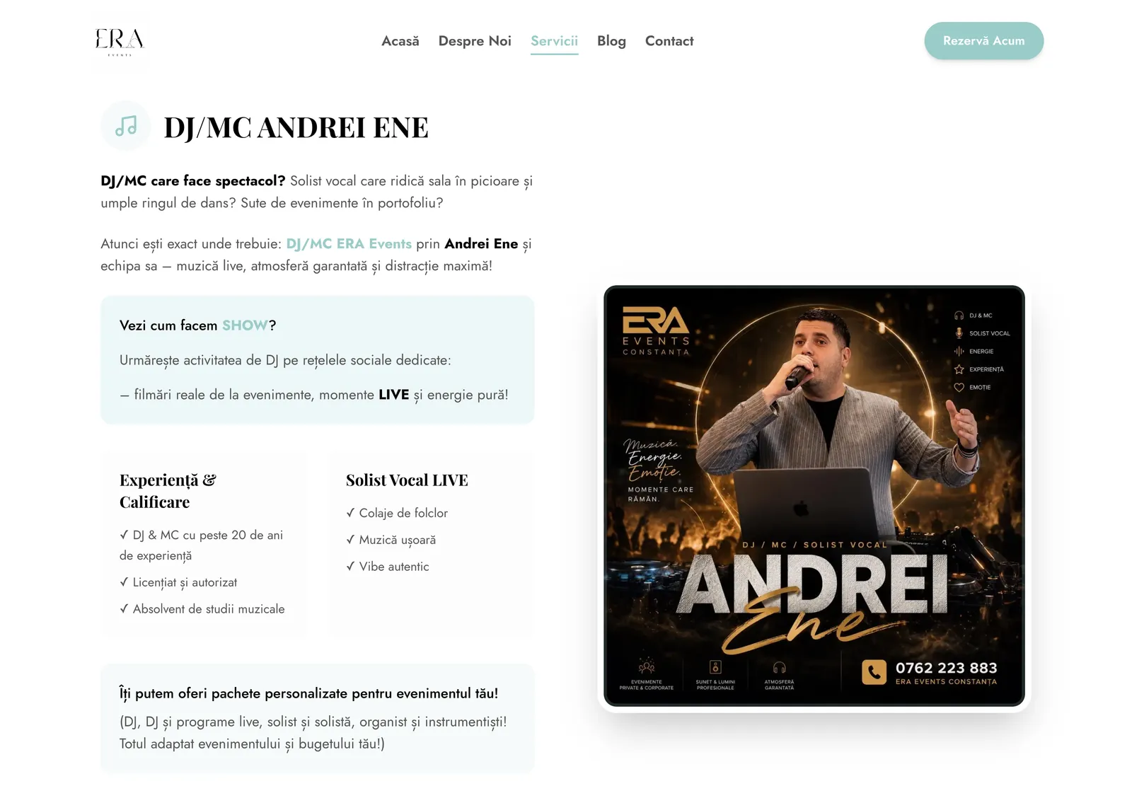 Secțiunea DJ/MC Andrei Ene de pe pagina Servicii, cu experiența, programul de solist vocal și afișul lui Andrei Ene