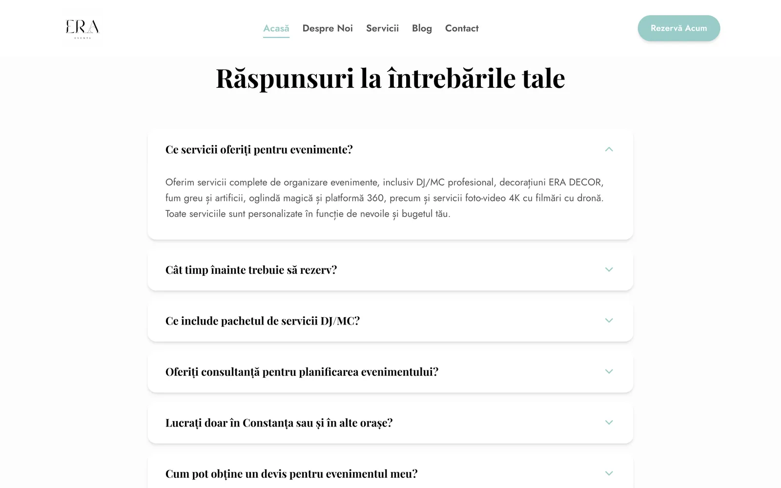 Secțiunea Răspunsuri la întrebările tale de pe pagina de start, cu prima întrebare deschisă