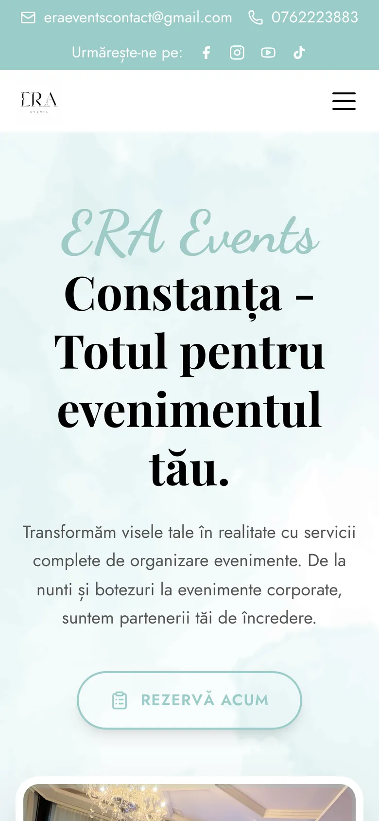 Pagina de start era-events.ro pe telefon, cu titlul ERA Events Constanța - Totul pentru evenimentul tău și butonul Rezervă Acum