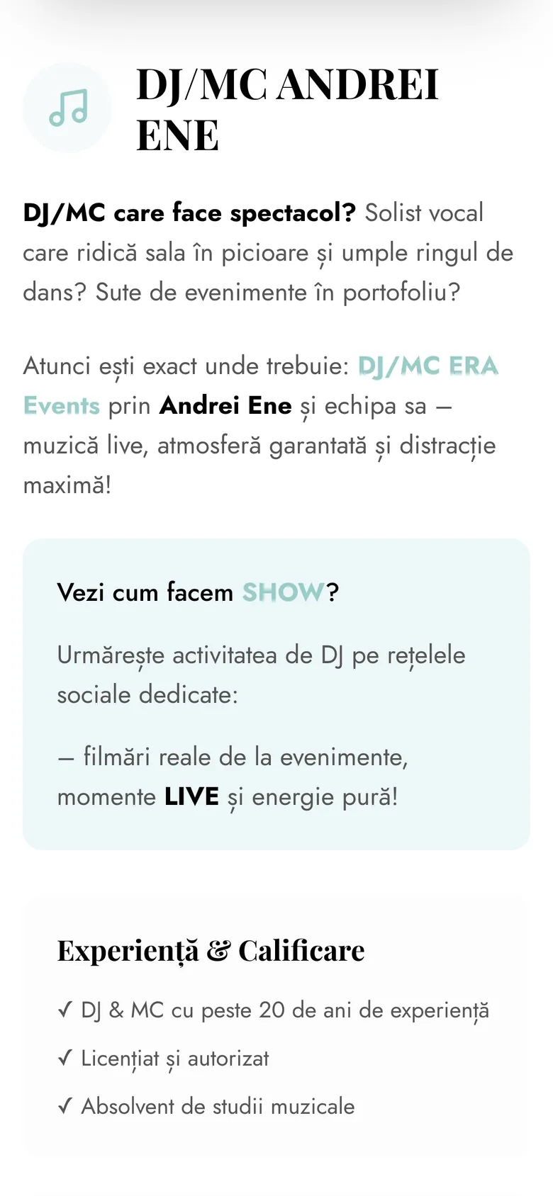 Secțiunea DJ/MC Andrei Ene de pe pagina Servicii, pe telefon, cu casete pentru experiență și program live