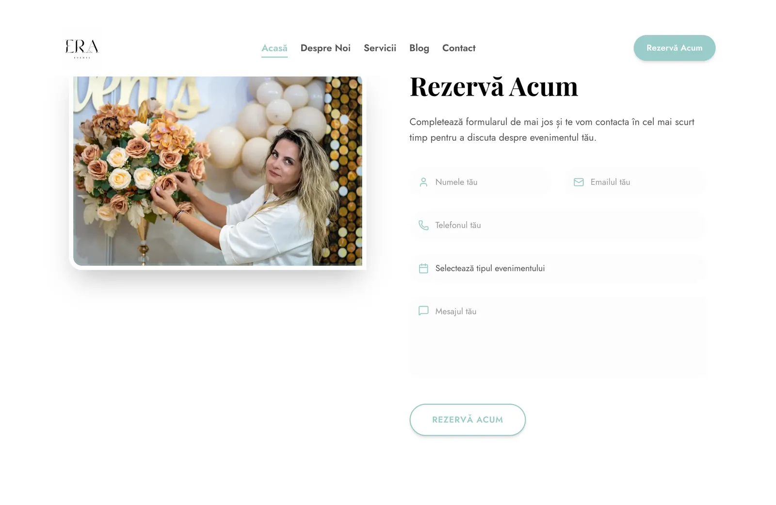 Secțiunea Rezervă Acum de pe era-events.ro, cu fotografia Ramonei lângă un decor din baloane și formularul de rezervare