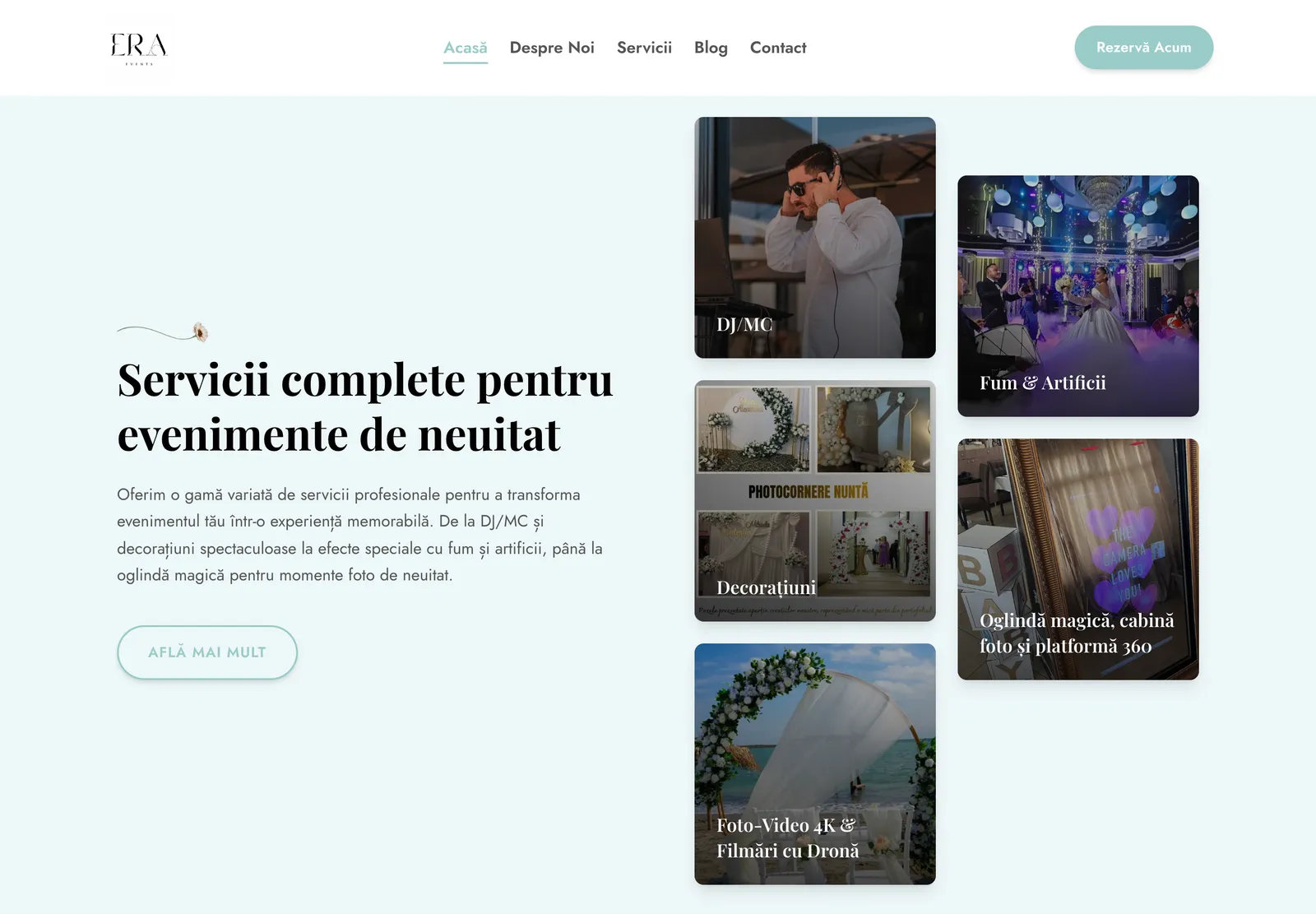 Secțiunea Servicii complete pentru evenimente de neuitat, cu fotografii pentru DJ/MC, Fum & Artificii, Decorațiuni, Oglindă magică și Foto-Video