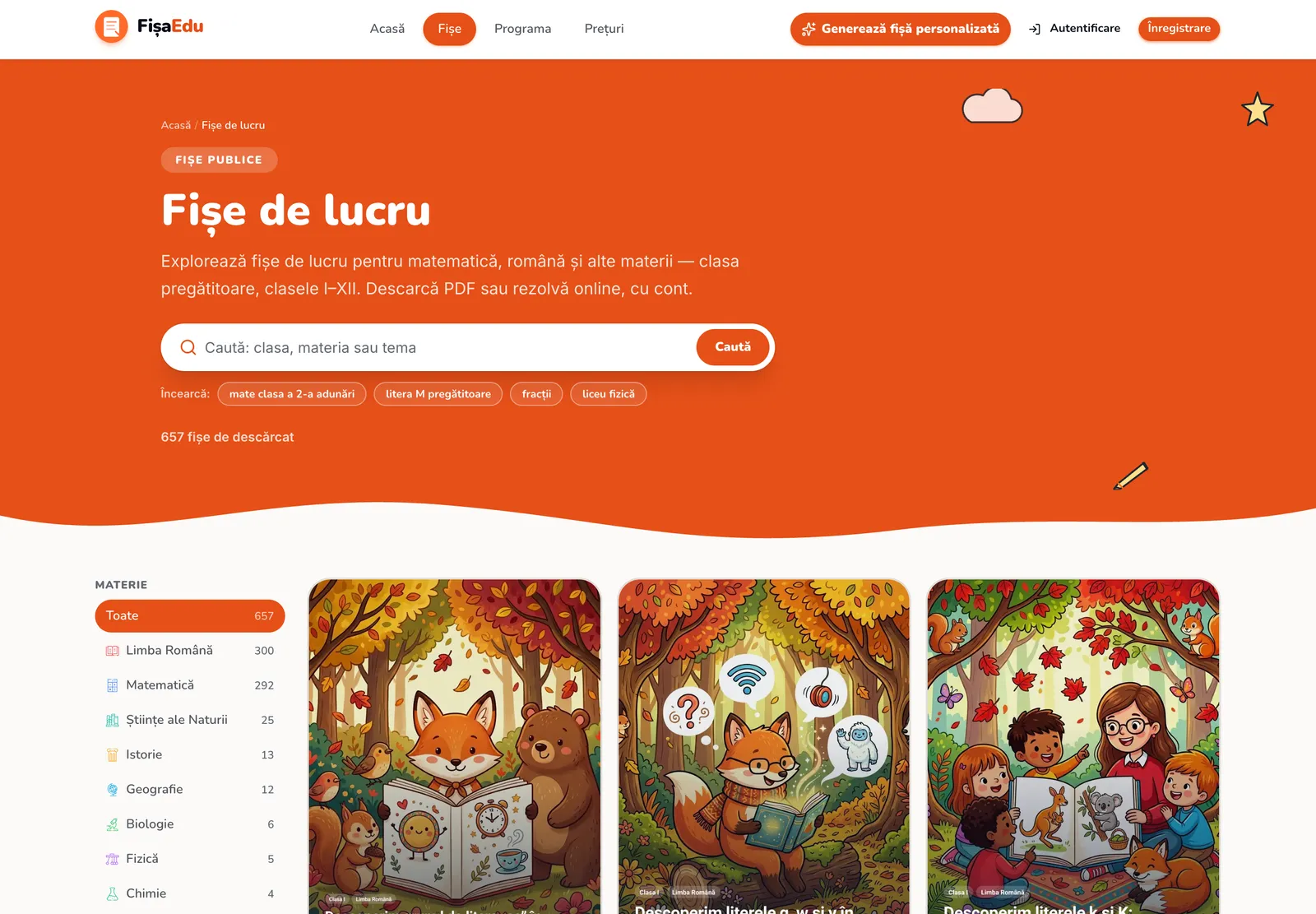 Catalogul Fișe de lucru de pe fisaedu.ro, cu bara de căutare, filtrele pe materii și primele fișe cu ilustrații