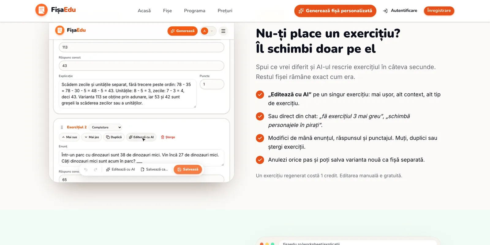 Editorul de fișă din fisaedu.ro, cu un exercițiu deschis pentru modificare și lista opțiunilor de editare