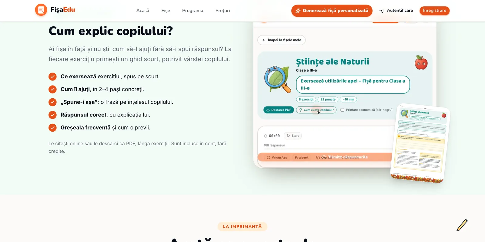 Secțiunea „Cum explic copilului?” de pe fisaedu.ro, cu lista celor cinci părți ale ghidului și ecranul unei fișe de științe