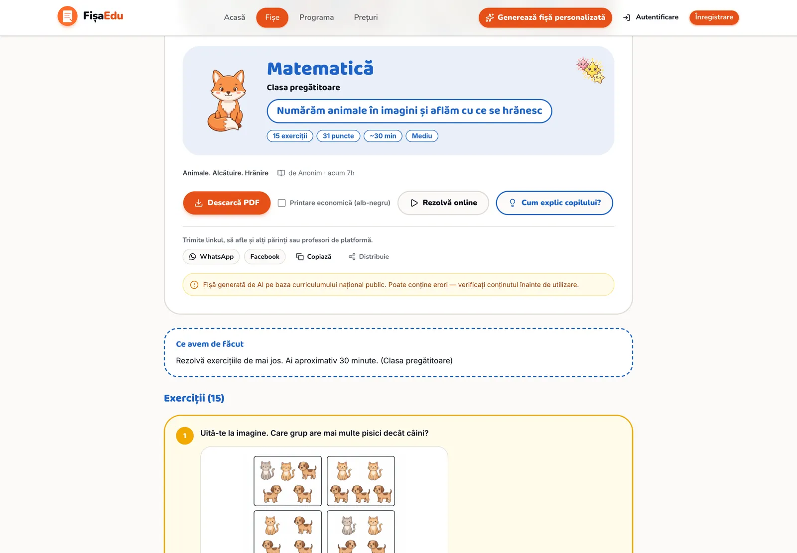 O fișă publică de matematică pentru clasa pregătitoare, cu butoanele Descarcă PDF, Rezolvă online, Cum explic copilului și primul exercițiu