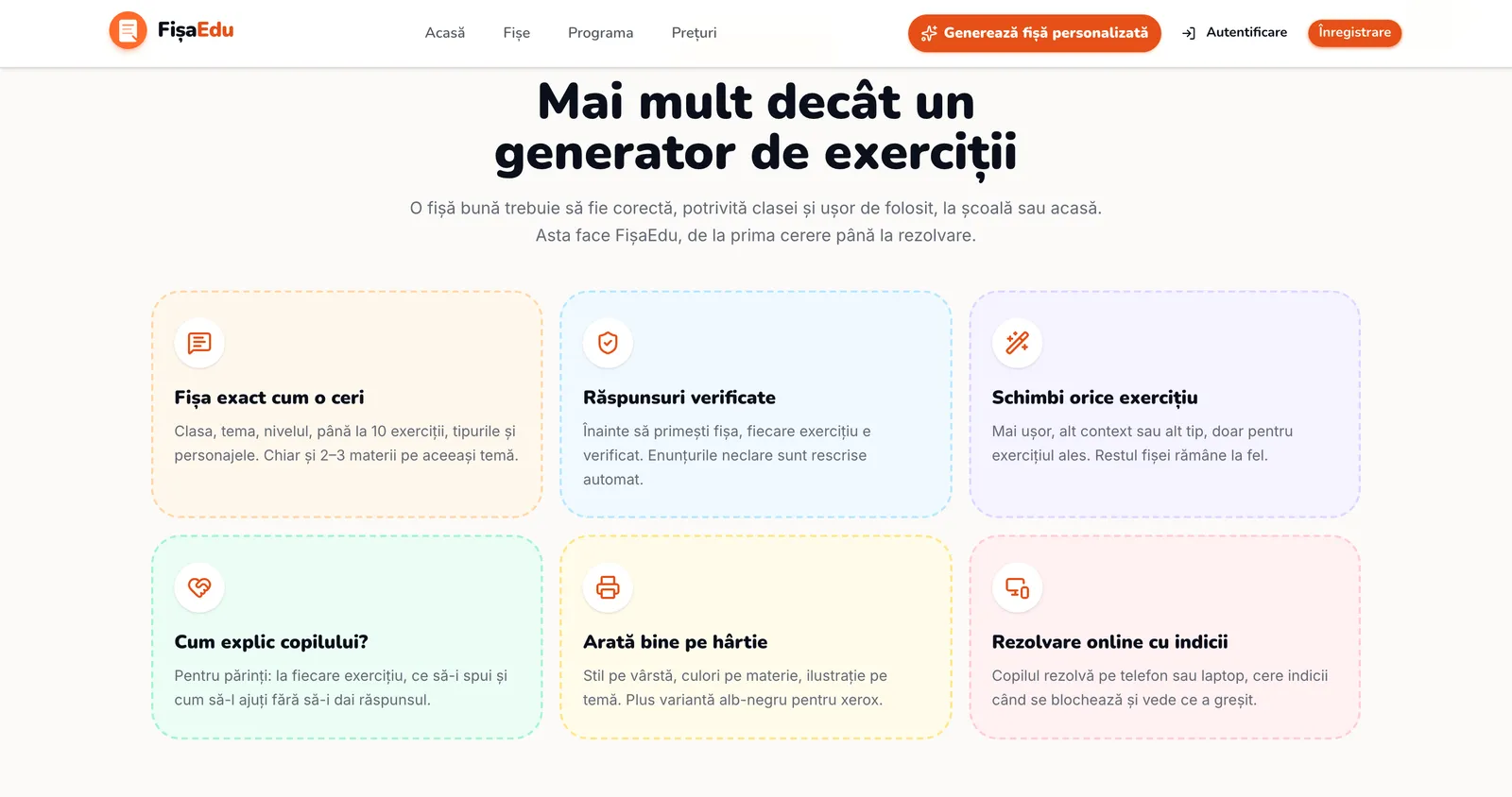 Secțiunea „Mai mult decât un generator de exerciții” de pe fisaedu.ro, cu șase carduri: fișa cum o ceri, răspunsuri verificate, editare, explicații, tipar, rezolvare online