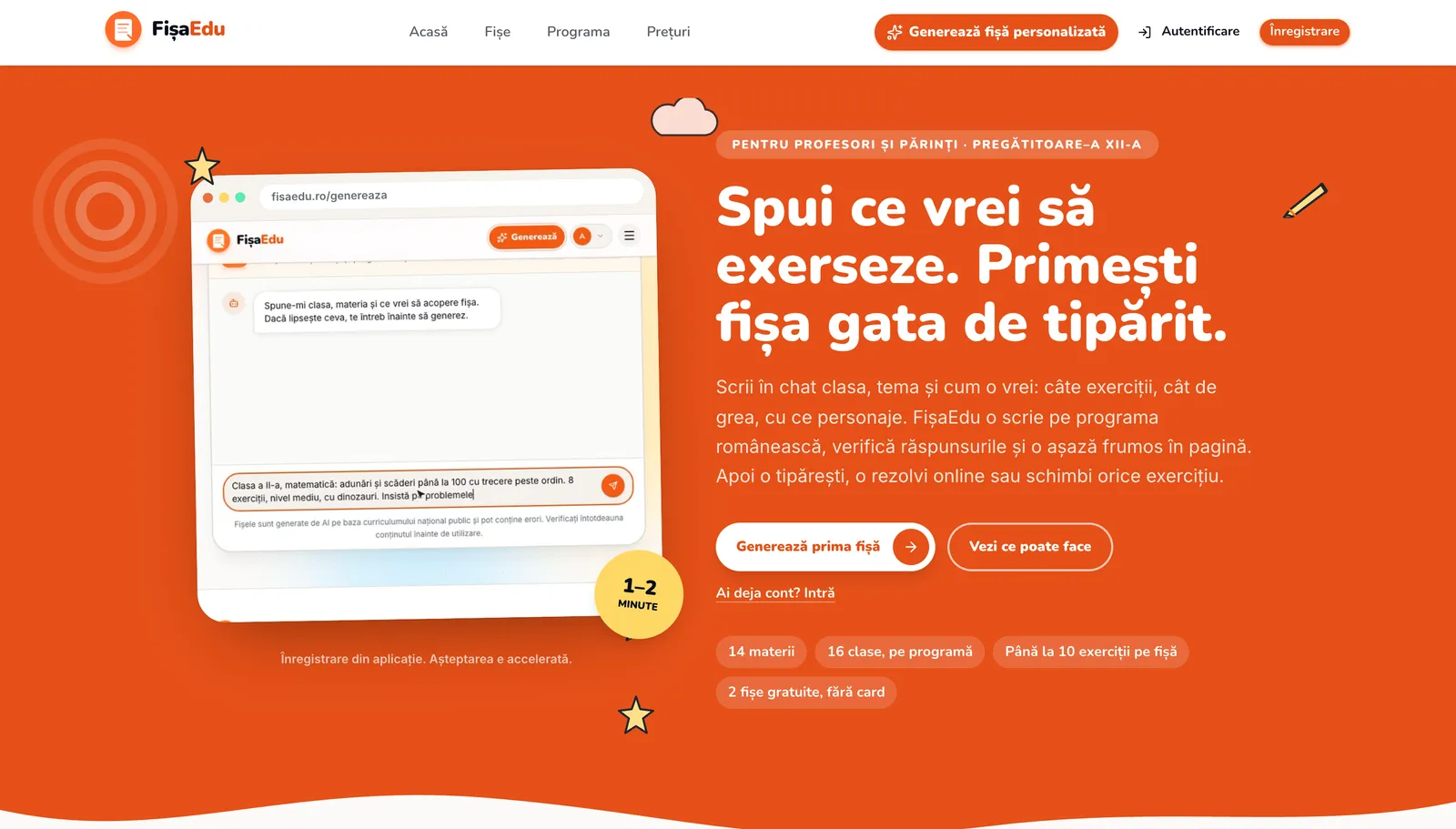 Începutul paginii de start fisaedu.ro, cu înregistrarea generatorului în chat și titlul „Spui ce vrei să exerseze”