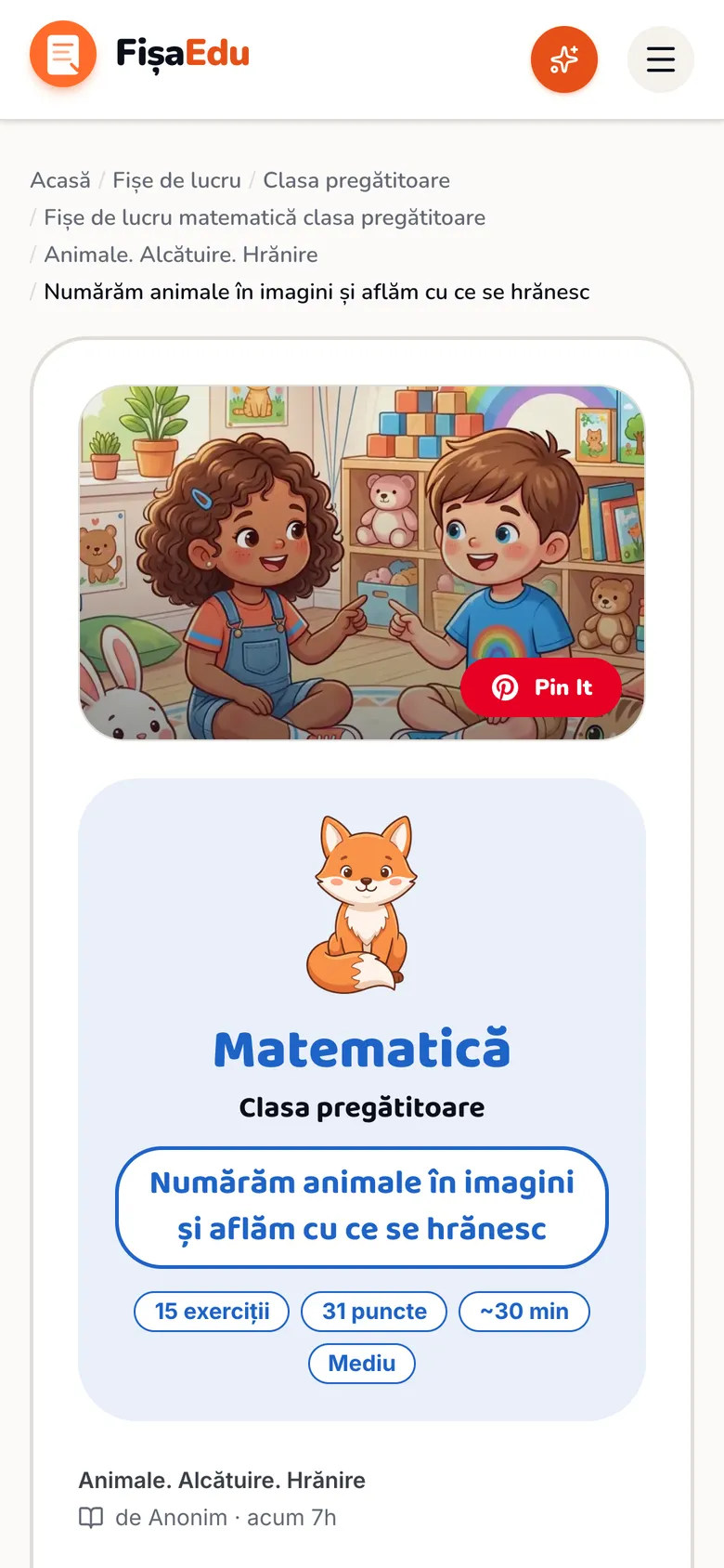 O fișă de matematică pentru clasa pregătitoare pe telefon, cu coperta ilustrată, titlul „Numărăm animale în imagini” și etichetele 15 exerciții, 31 puncte, 30 de minute