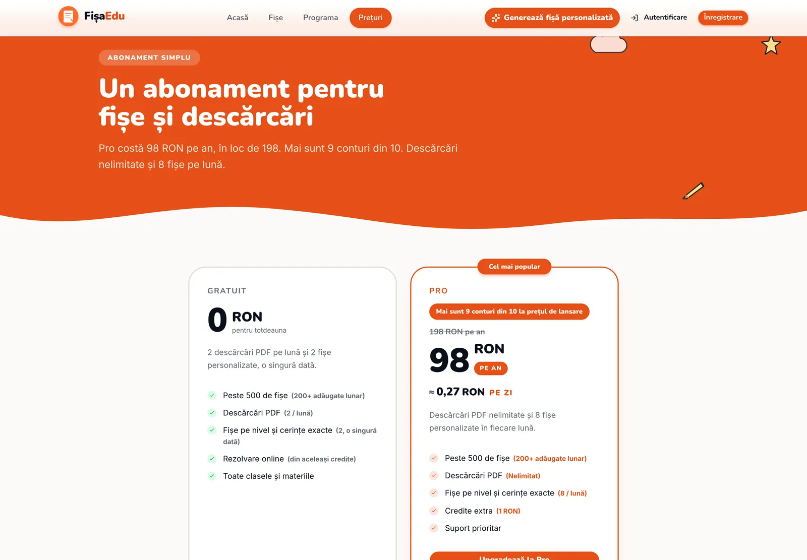 Pagina Prețuri de pe fisaedu.ro, cu planul Gratuit la 0 lei și planul Pro la 98 lei/an, preț de lansare