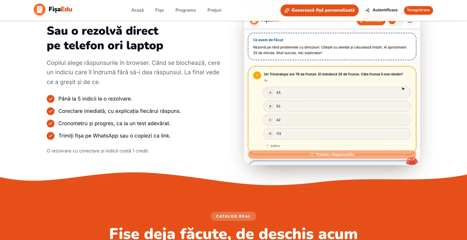 Secțiunea despre rezolvarea online, cu ecranul unei fișe de matematică în curs de rezolvare