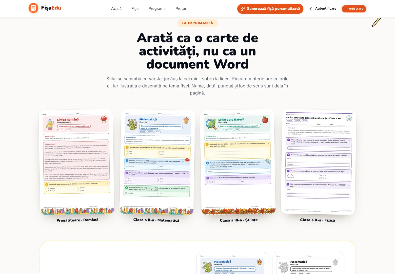 Patru fișe tipărite de pe fisaedu.ro: română pregătitoare, matematică clasa a II-a, științe clasa a III-a și fizică clasa a X-a