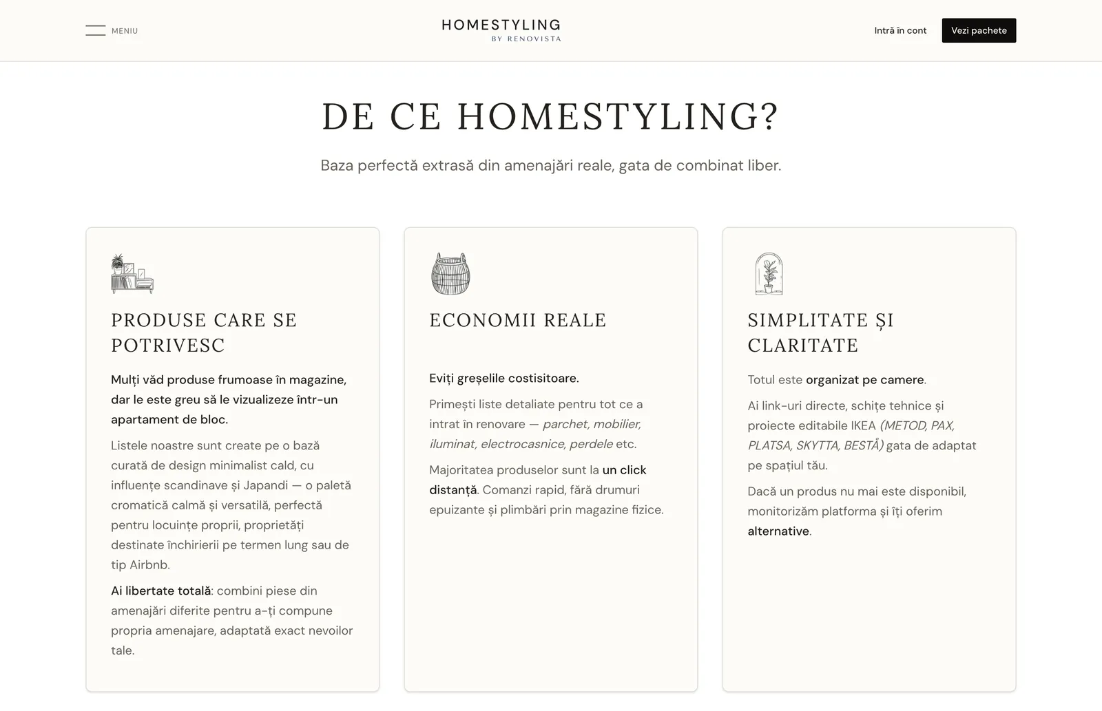 Secțiunea „De ce homestyling?” de pe pagina de start, cu trei carduri: produse care se potrivesc, economii reale, simplitate și claritate